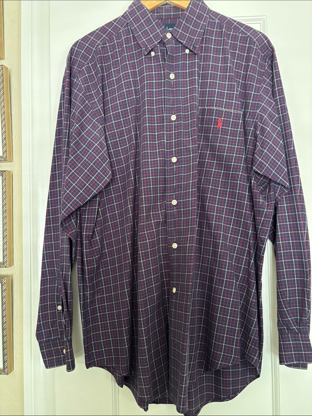 Ralph Lauren Men's Classic Fit Navy Plaid Button-Down Shirt with Pink Pony